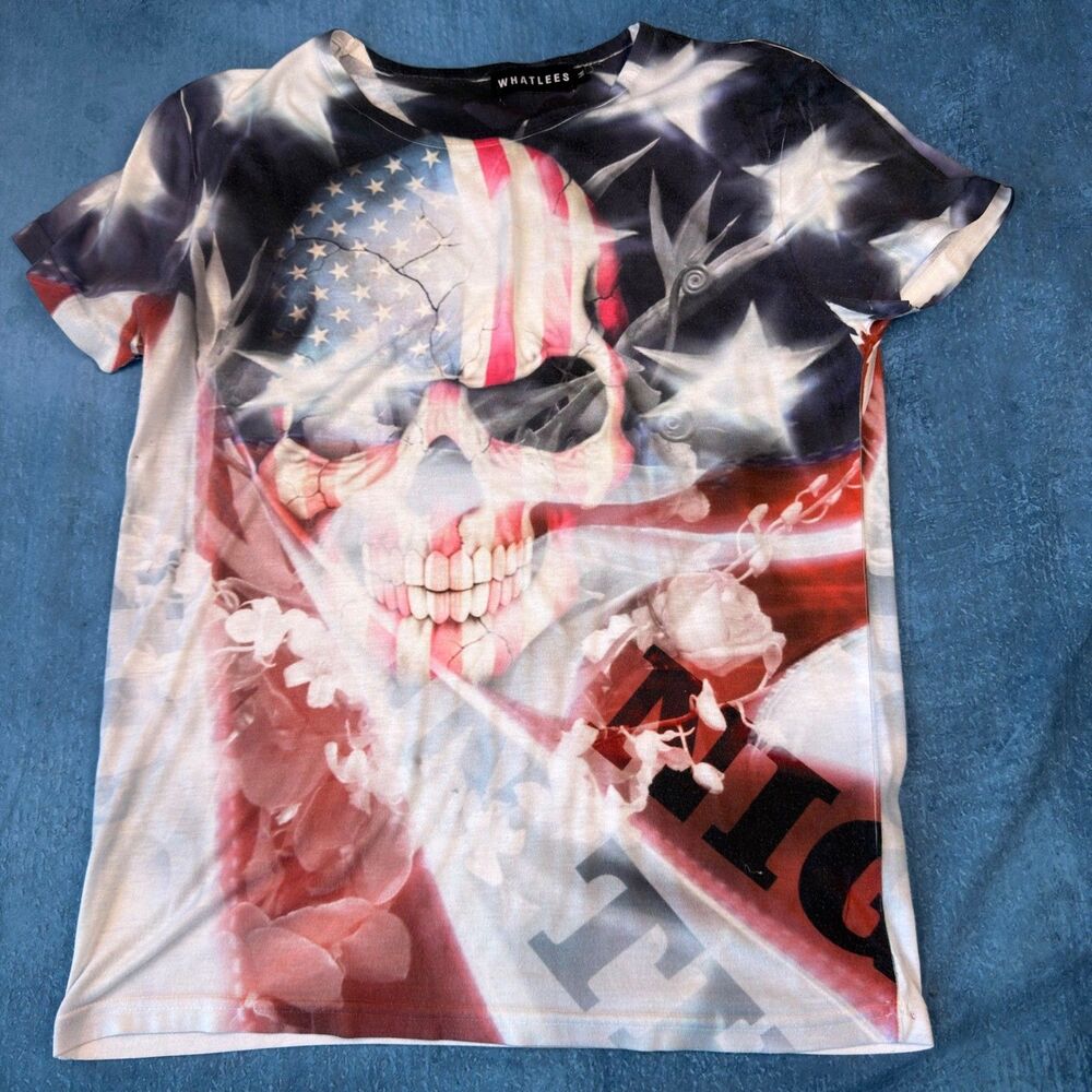 Whatlees Mens American Flag Skull Graphic T-Shirt Short Sleeve Crew Neck Medium